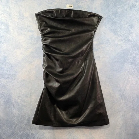 Zara Womens Black Faux Leather Ruched Strapless Mini Tube Dress Small - Picture 5 of 7